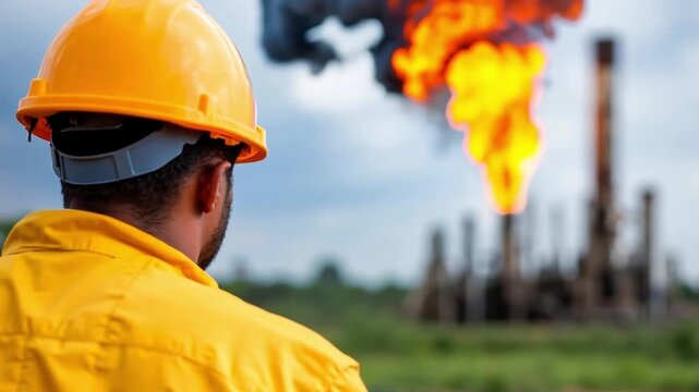 A man wearing a hard hat looking at an oil rig with flames coming out of it