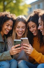 Fototapeta premium Four diverse young women laugh while looking at smartphones outside. Friends share mobile content online, connecting through technology and social media fun. Friendship and lifestyle.