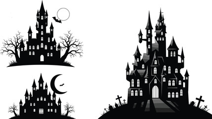 Obraz premium Set of Spooky Haunted Castle Silhouettes with Graveyard and Moon, Horror Gothic Mansion Vector Illustration Isolated on White Background for Halloween,