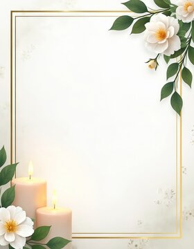 Funeral invitation design with lit candles and white flowers. Soft floral background with golden frame. Peaceful memorial template for sympathy cards.