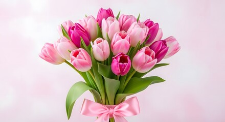 Obraz premium Pink tulip flowers bouquet on white background fresh glazed donuts on white background 