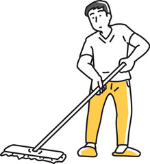 モップで床掃除をする男性