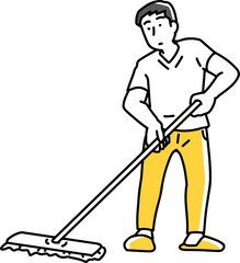 モップで床掃除をする男性