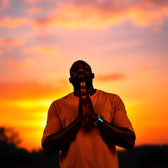Prayer concept. Silhouette of a handsome black man in a praying pose. Set against a vibrant sunset sunrise sky. Open hands. Also related to faithful, glorify, hallelujah, immanuel, justification