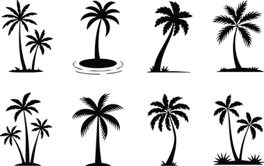 Fototapeta premium Black and White Symbols Representing Beach, Summer, and Travel, Clean Vector Pictograms of Different Palm Species and Poses, vector, illustration, silhouette.
