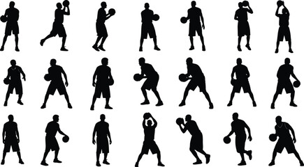 Large collection of basketball player silhouettes in various action poses including dribbling and shooting isolated on white background for sports marketing and athletic design © Ajmira