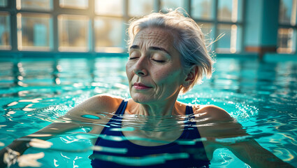 A sixty year old woman with silver hair swimming gracefully in a turquoise indoor pool with sunlight generative AI