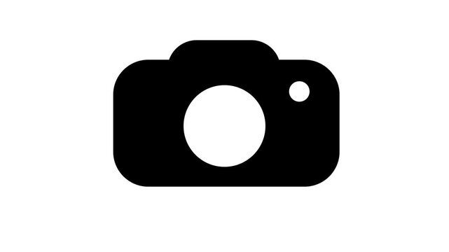 Black camera icon appearing animation on white background. Photography symbol assembling for app interfaces and media projects.