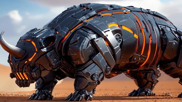 A rhino in a futuristic suit standing in the desert