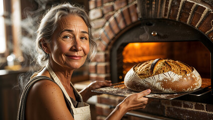 A sixty year old woman in a flour dusted apron pulling fresh sourdough from a rustic oven generative AI