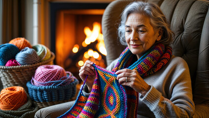 A sixty year old woman with silver hair knitting a colorful wool scarf by a warm fireplace generative AI
