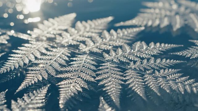 Intricate frost pattern on fern leaves, sparkling with ice crystals and sunlight bokeh against a cool blue background, suitable for nature backgrounds, winter season concepts, environmental design