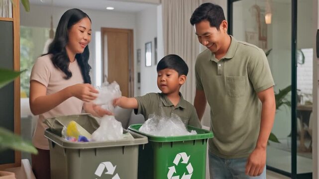 Family recycling together at home, sustainable living