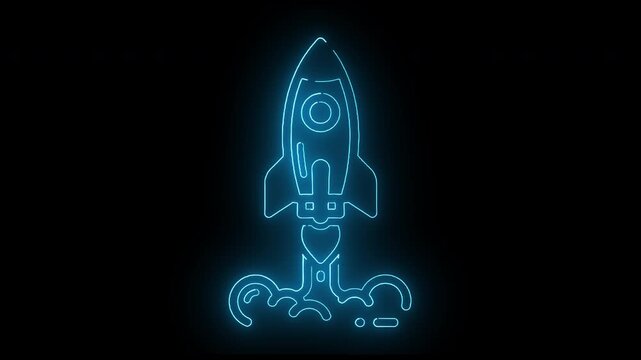 Neon-lit blue rocket ship icon with glowing outline against a dark background