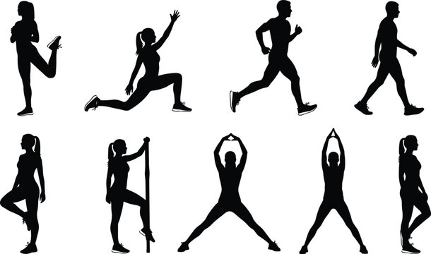 Vector silhouette collection of athletic men and women doing fitness exercises like running stretching and yoga poses for healthy lifestyle gym workout.