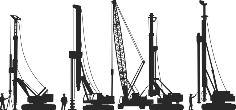 Black vector silhouette set of heavy construction machinery featuring drilling rigs and mobile cranes with operators for deep foundation engineering and industrial building projects,