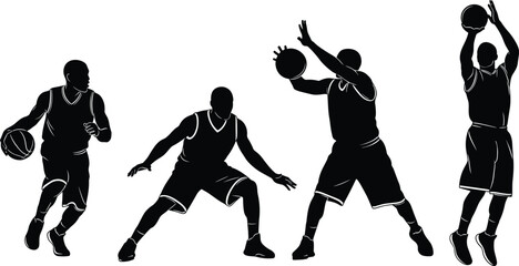 Basketball Player Silhouettes Set Showing Dribbling Defense Passing and Jump Shot Action Poses © MDBELAL