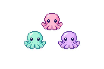Three cute pixel art octopuses in pink, teal, and purple colors are arranged on a solid black background. These retro-style sea creatures feature large eyes and a charming aesthetic. © Alan