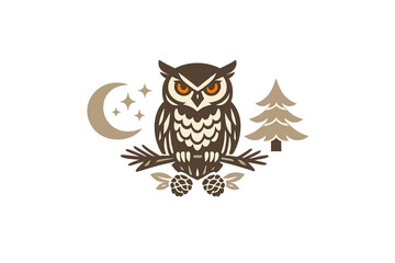 A stylized graphic illustration of a brown owl with glowing orange eyes perched on a branch, flanked by a crescent moon with stars and a pine tree against a solid black background.