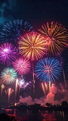 Obraz premium Vibrant colorful fireworks explode in the night sky above a dark water reflection.