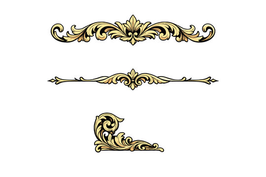 Three golden ornate decorative elements including two horizontal dividers and one corner piece featuring classical baroque scrollwork and filigree designs on a black background.