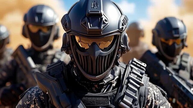 A group of soldiers wearing helmets and goggles in a desert