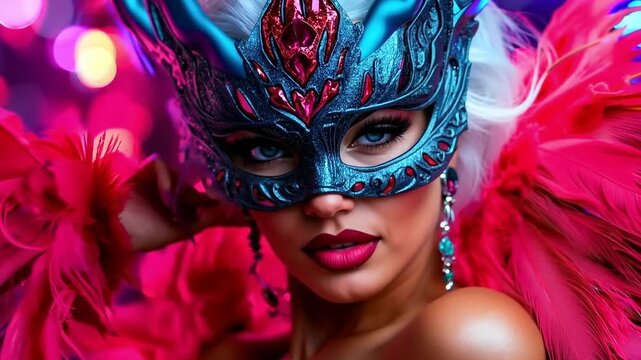 A woman wearing a blue and red mask with feathers