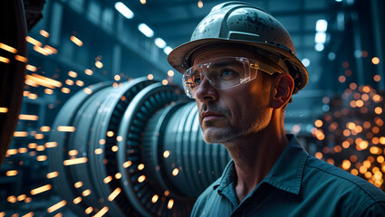 Senior engineer wearing a worn hard hat and safety glasses intensely inspects a massive industrial turbine within a blue toned generative AI