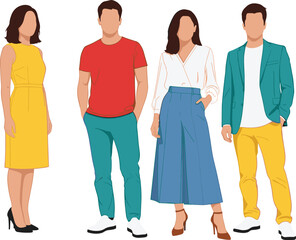 Obraz premium Flat vector illustration of diverse young professional group in trendy outfits standing together against white background for modern business concept.