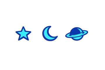 A blue star, a crescent moon, and a ringed planet are displayed in a row on a black background. These celestial body icons feature various shades of blue and a clean, modern design. © icon_art