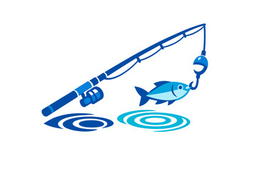 This blue monochromatic illustration depicts a fishing rod with a reel and line catching a fish. The design features a bobber and circular water ripples on a dark background. © Alan