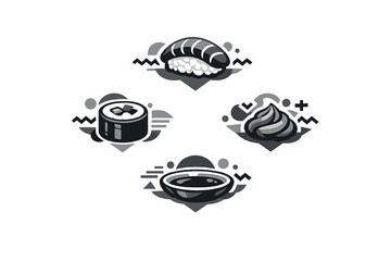 A monochrome vector illustration featuring four stylized sushi icons: nigiri, a maki roll, wasabi, and a bowl of soy sauce, arranged in a diamond pattern on a black background. © icon_art