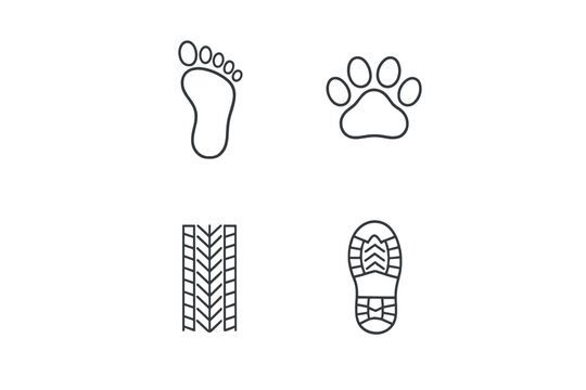 A collection of four minimalist line icons representing different types of tracks, including a human footprint, an animal paw print, a tire tread, and a shoe sole pattern on a black background.