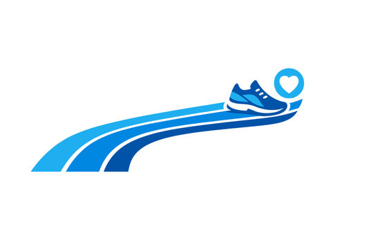 A blue running shoe sits on a stylized three-lane track with a heart icon in a circle, representing fitness and cardiovascular health on a solid black background.