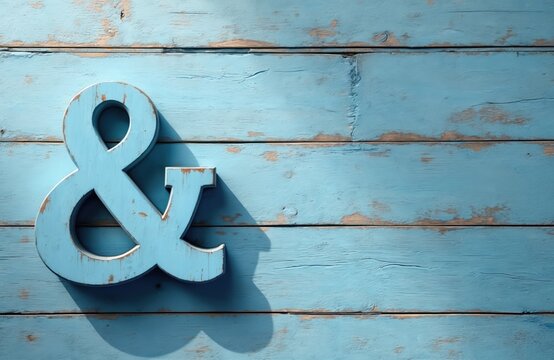Light blue ampersand symbol sits on weathered blue wooden planks. Rustic texture suggests coastal decor, vintage sign. Space for text and copy.