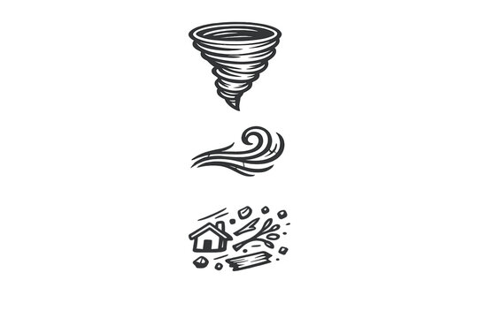 A collection of three white line art icons on a black background depicting a powerful tornado, swirling wind gusts, and storm damage with a house and flying debris.