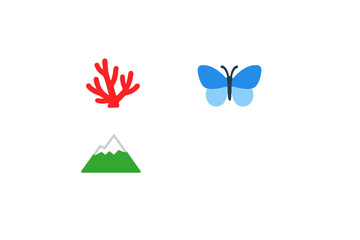 Fototapeta premium A collection of three minimalist icons featuring a red coral, a blue butterfly, and a green mountain with a snowy peak, all set against a solid black background.
