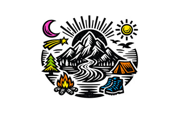 Fototapeta premium A vibrant graphic illustration featuring a mountain landscape with a river, tent, campfire, and hiking boots, set against a black background with celestial elements.