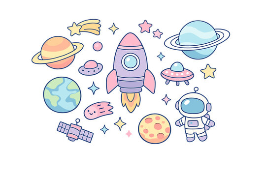 This set of kawaii space illustrations includes a rocket ship, astronaut, various planets, and twinkling stars, all rendered in soft pastel colors on a dark background.
