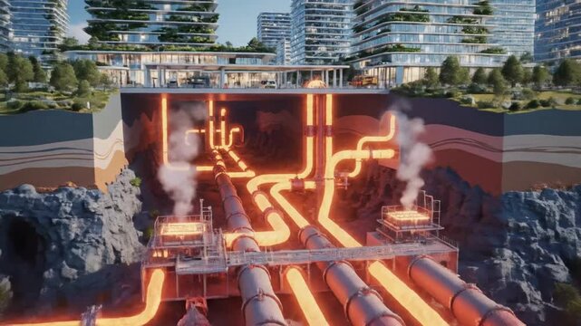 Detailed cross section view of a modern urban city displaying an intricate underground network of sustainable geothermal heating pipes and renewable energy infrastructure beneath a metropolis.