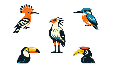 A collection of five stylized bird illustrations featuring a hoopoe, secretary bird, kingfisher, toucan, and hornbill set against a solid black background in a flat vector art style. © icon_art