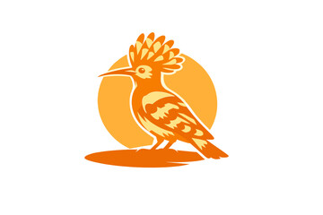 A stylized orange hoopoe bird with a prominent crest stands against a large circular sun on a black background. The graphic illustration features minimalist details and warm tones. © Alan