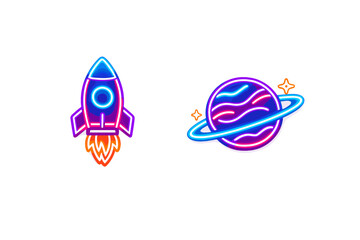 This neon graphic depicts a stylized rocket ship with orange flames and a purple ringed planet with glowing blue and pink accents against a dark black backdrop. © Alan
