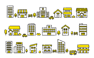 Dashed line building icons with yellow highlight details