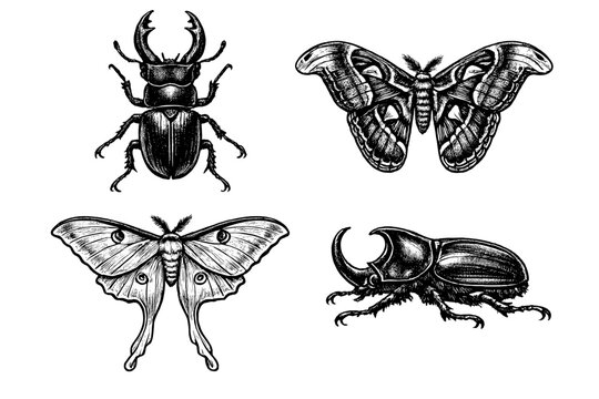 A collection of four detailed black and white illustrations featuring two beetles and two moths. The hand-drawn insects are presented in a vintage engraving style against a dark background.