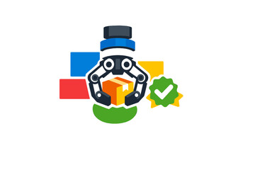 Fototapeta premium A flat vector illustration of a robotic claw holding a cardboard box, surrounded by colorful geometric shapes and a green checkmark icon representing quality control and automation.