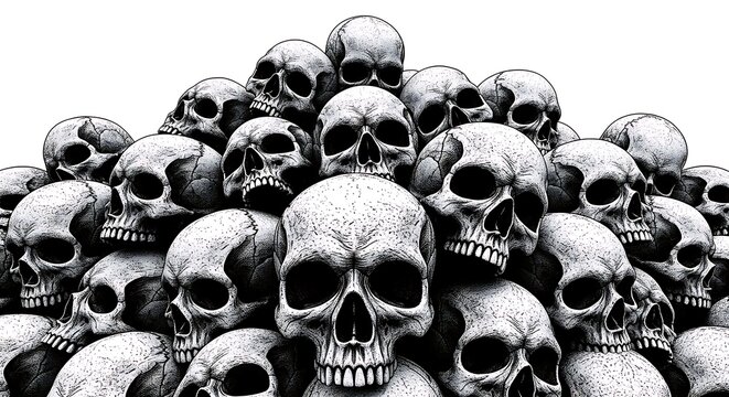 Pile of human skulls stacked together in a grim heap conveying death and mortality on a white background