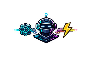 A futuristic robot head with glowing blue eyes is centered between a neon blue gear and a yellow lightning bolt on a black background. The digital illustration features a cyberpunk style.