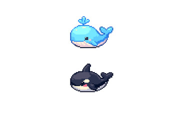 Two cute pixel art whales are displayed against a solid black background. The top whale is light blue with a water spout, while the bottom whale is a black and white orca design. © icon_art
