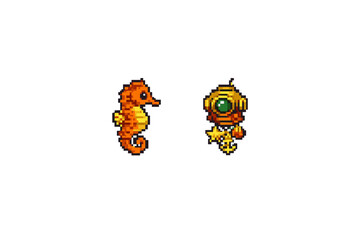 Two pixel art icons featuring an orange seahorse and a golden vintage diving helmet with an anchor and stars, isolated on a solid black background for retro video game design. © icon_art